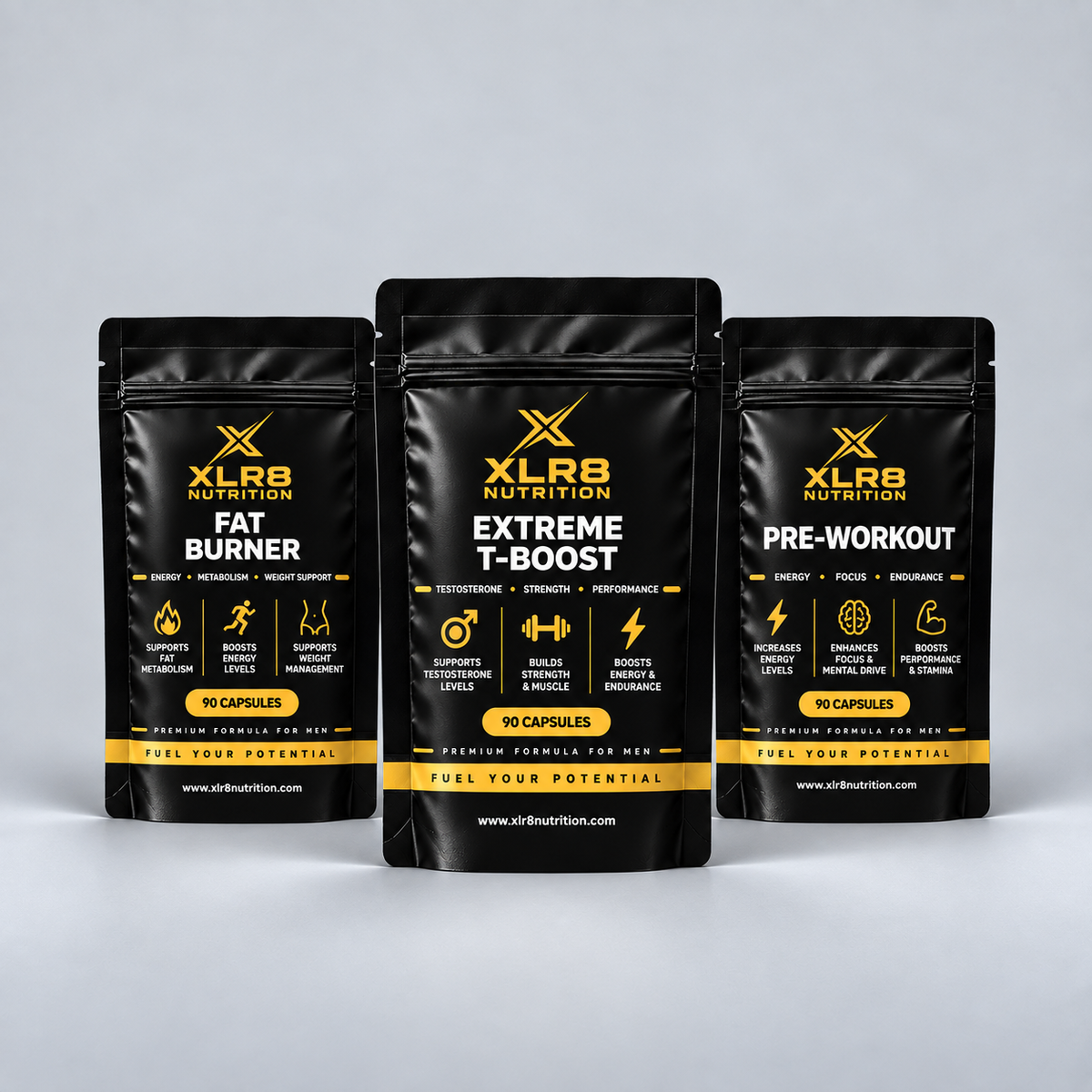 Three black supplement pouches from XLR8 Nutrition arranged together on a light gray background: Fat Burner on the left, Extreme T-Boost in the center, and Pre-Workout on the right.