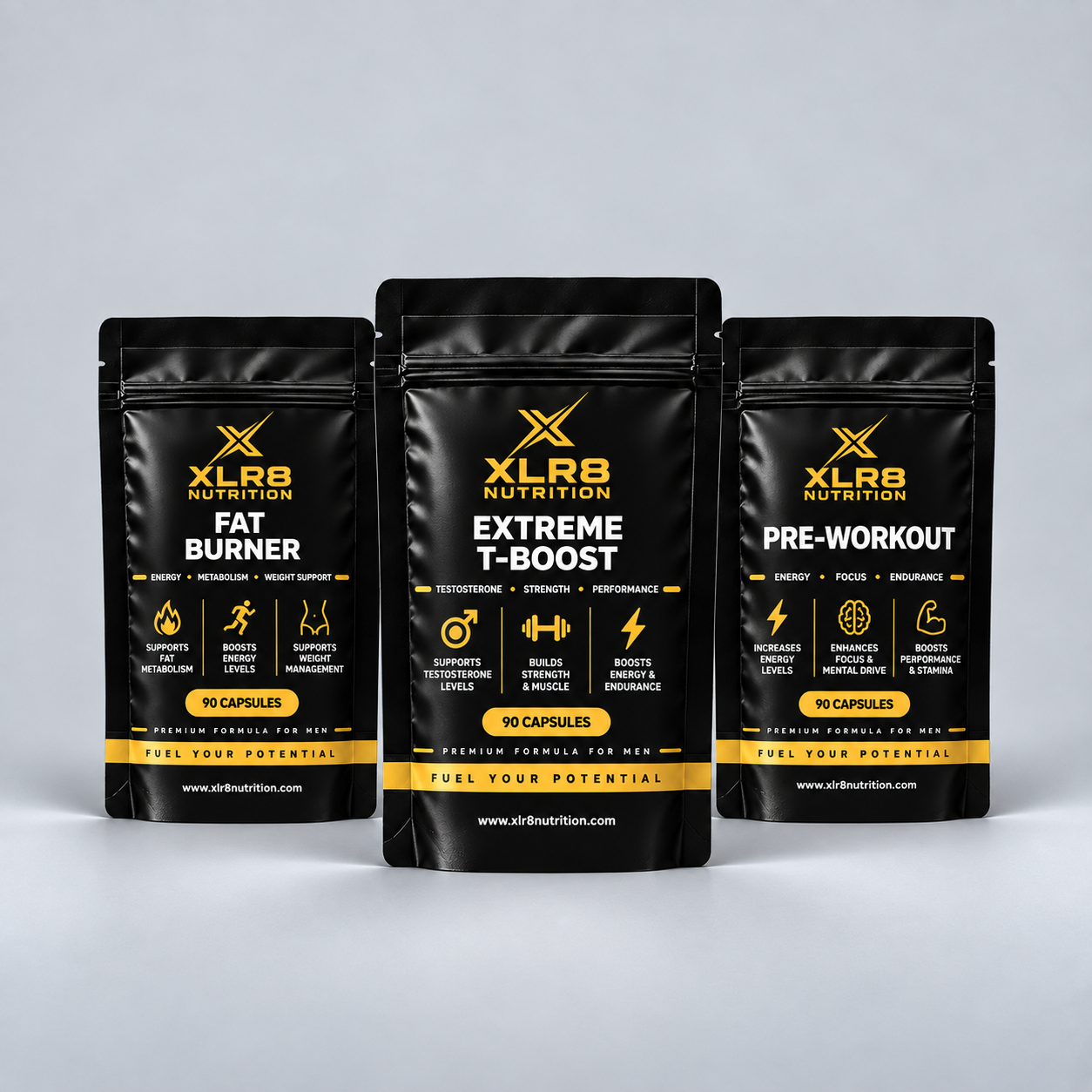 Three black supplement pouches from XLR8 Nutrition arranged together on a light gray background: Fat Burner on the left, Extreme T-Boost in the center, and Pre-Workout on the right.