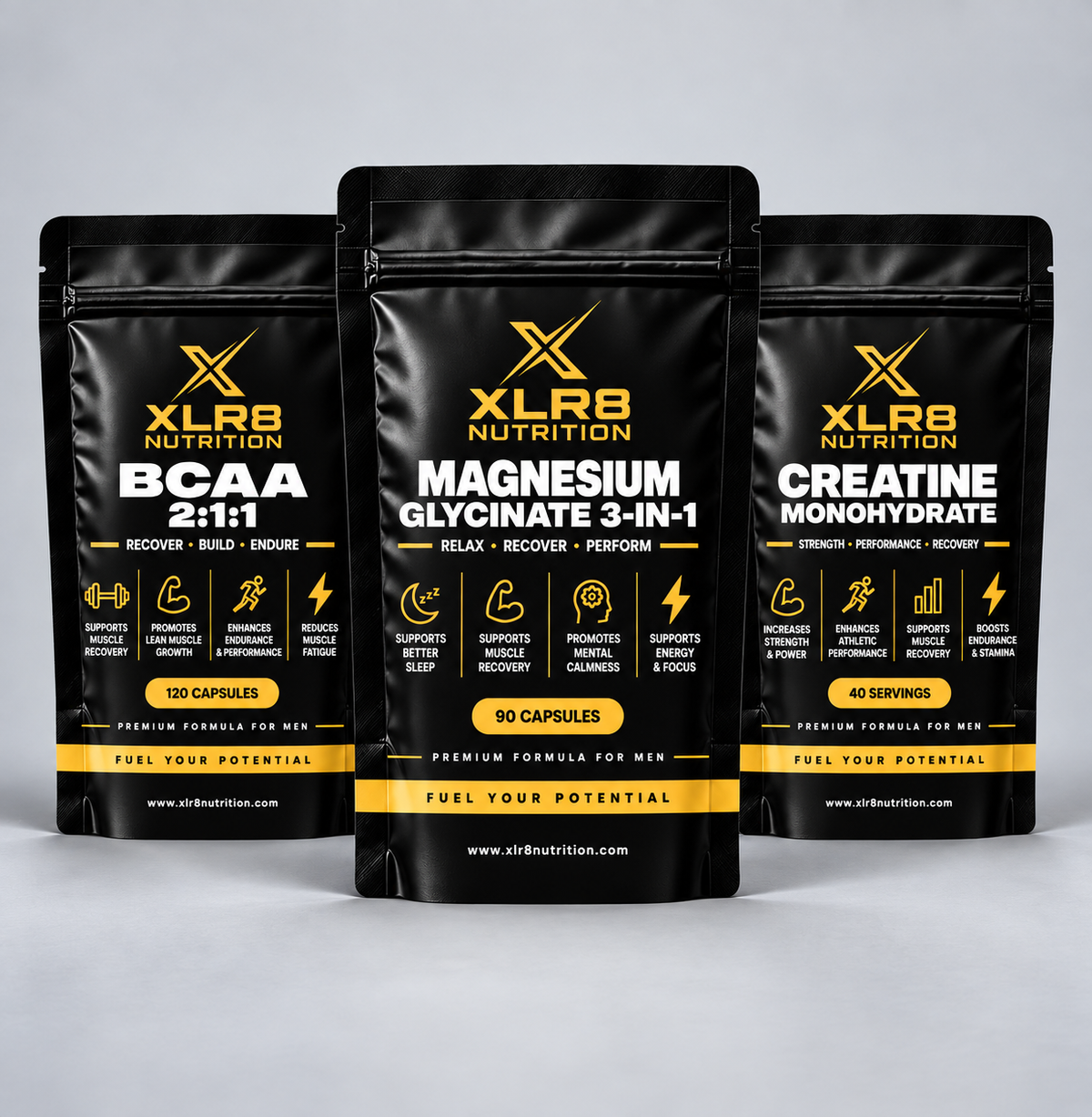 Three black supplement pouches from XLR8 Nutrition arranged in a row against a light gray studio background. The center pouch is labeled 'MAGNESIUM GLYCINE 3-IN-1' and contains 90 capsules, while the side pouches are labeled 'BCAA 2+1:1' and 'CREATINE MONOHYDRATE', each with 60 capsules.