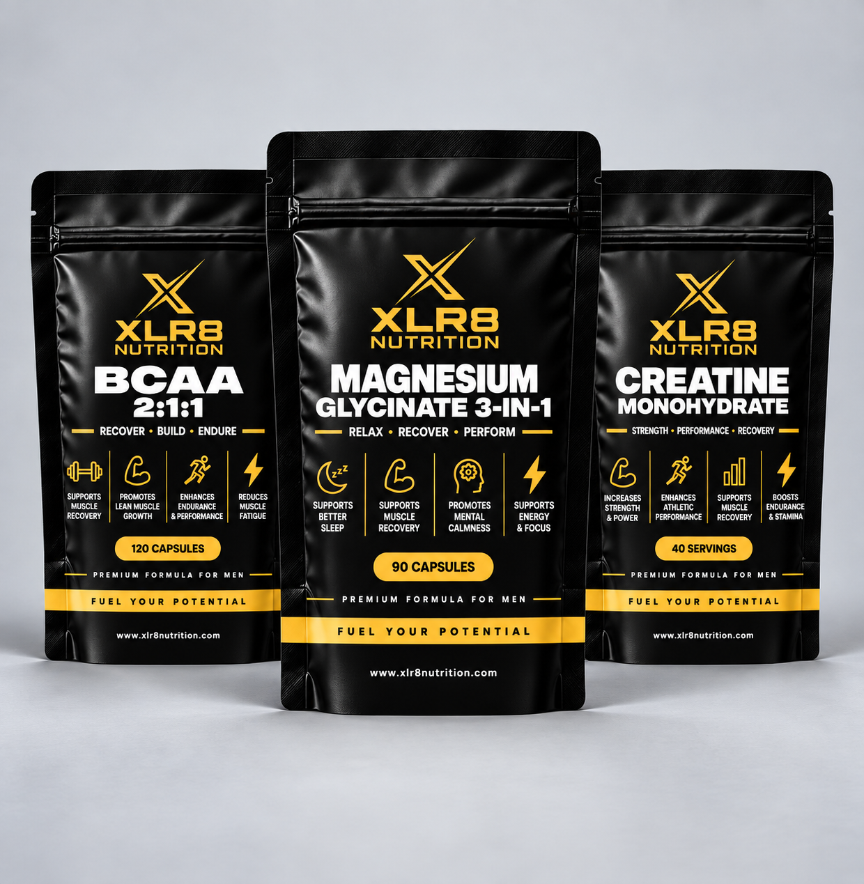 Three black supplement pouches from XLR8 Nutrition arranged in a row against a light gray studio background. The center pouch is labeled 'MAGNESIUM GLYCINE 3-IN-1' and contains 90 capsules, while the side pouches are labeled 'BCAA 2+1:1' and 'CREATINE MONOHYDRATE', each with 60 capsules.