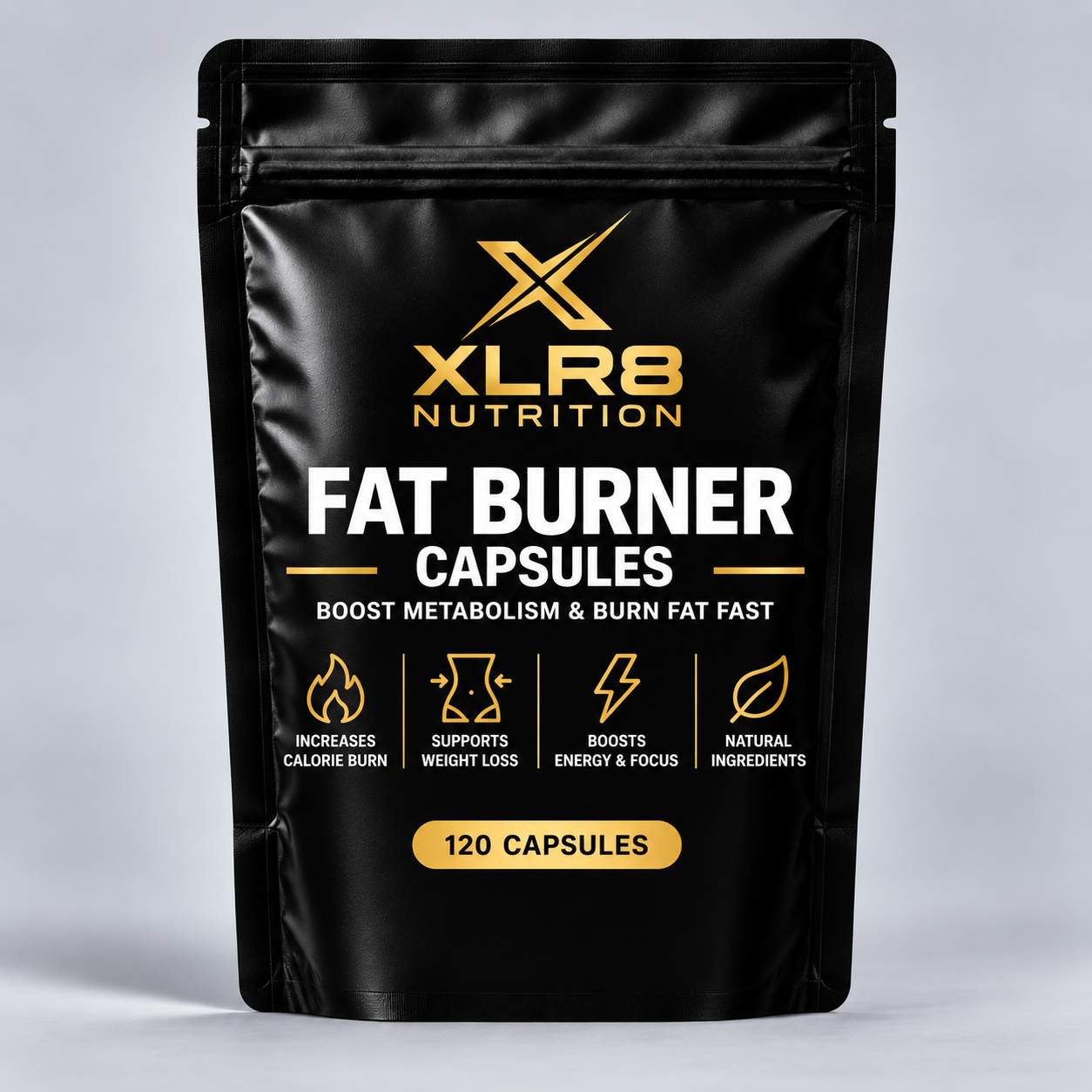 A black stand-up pouch of XLR8 Nutrition Fat Burner Capsules, featuring gold and white text and icons on a light gray studio background.