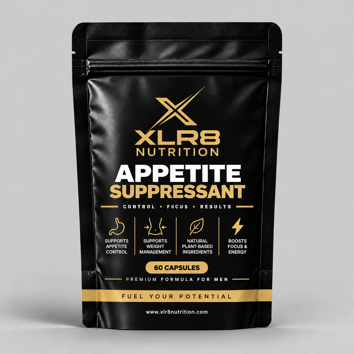 A black stand-up pouch of XLR8 Nutrition Appetite Suppressant capsules, featuring gold and white text on a light gray background.