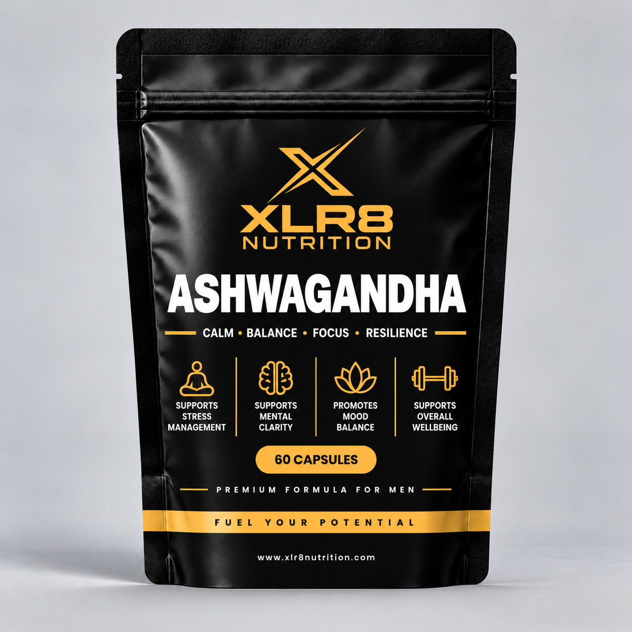 A black stand-up pouch of XLR8 Nutrition Ashwagandha supplement, featuring gold and white text and icons on a light gray background.