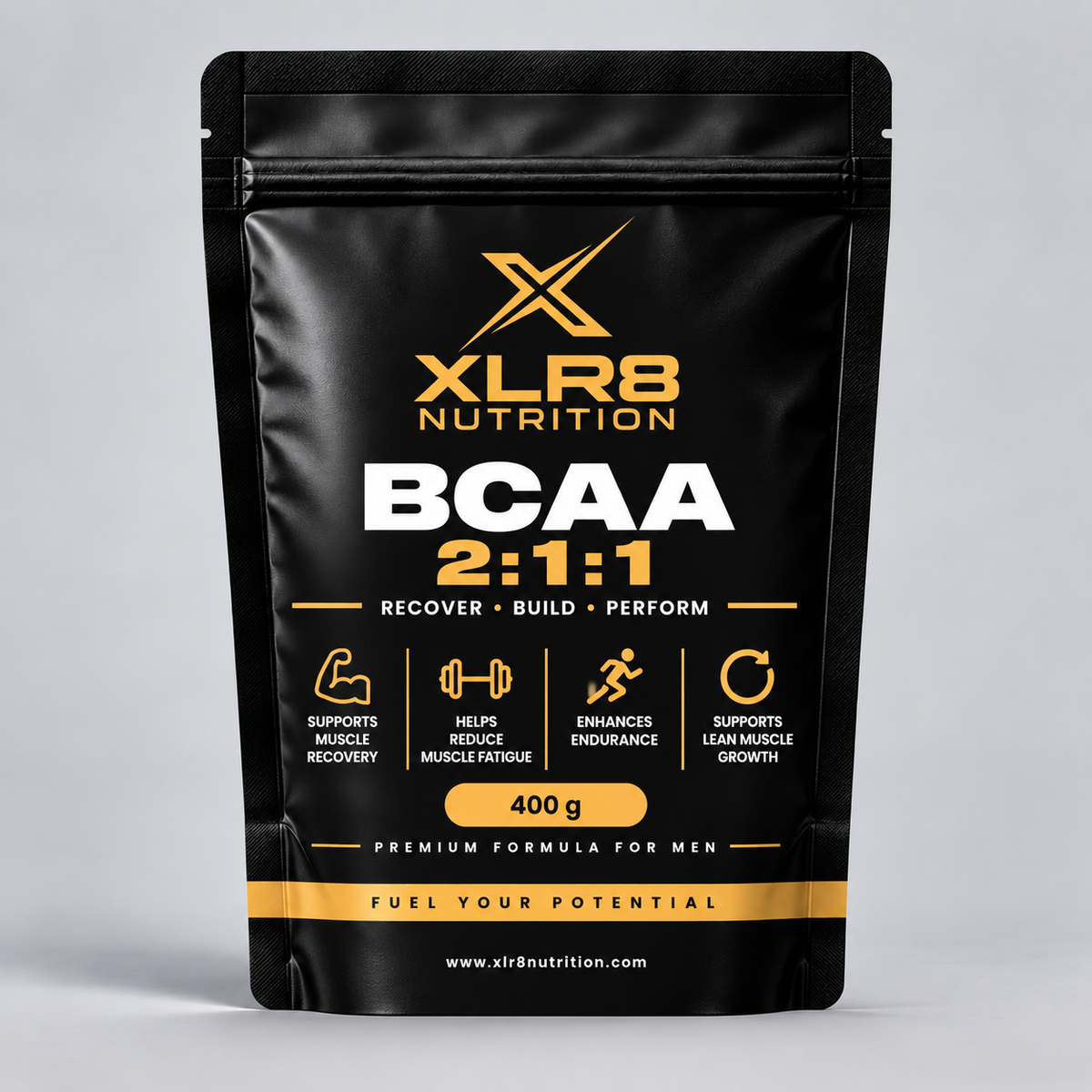 A black stand-up pouch of XLR8 Nutrition BCAA 2:1:1 supplement, featuring gold and white text and icons on a light gray background.