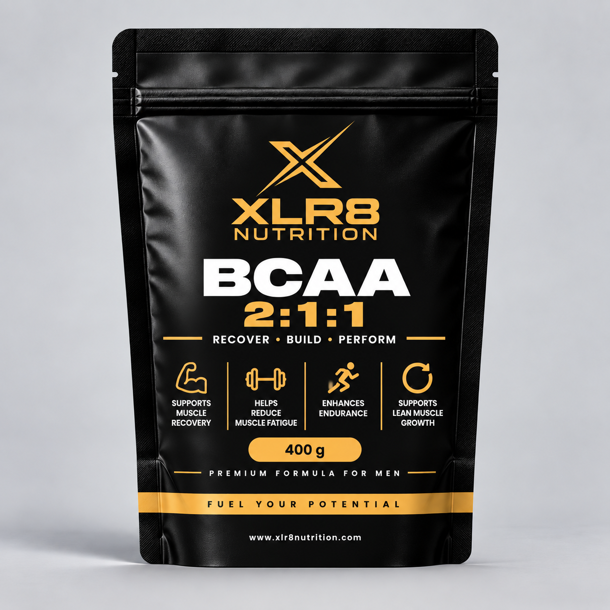 A black stand-up pouch of XLR8 Nutrition BCAA 2:1:1 supplement, featuring gold and white text and icons on a light gray background.