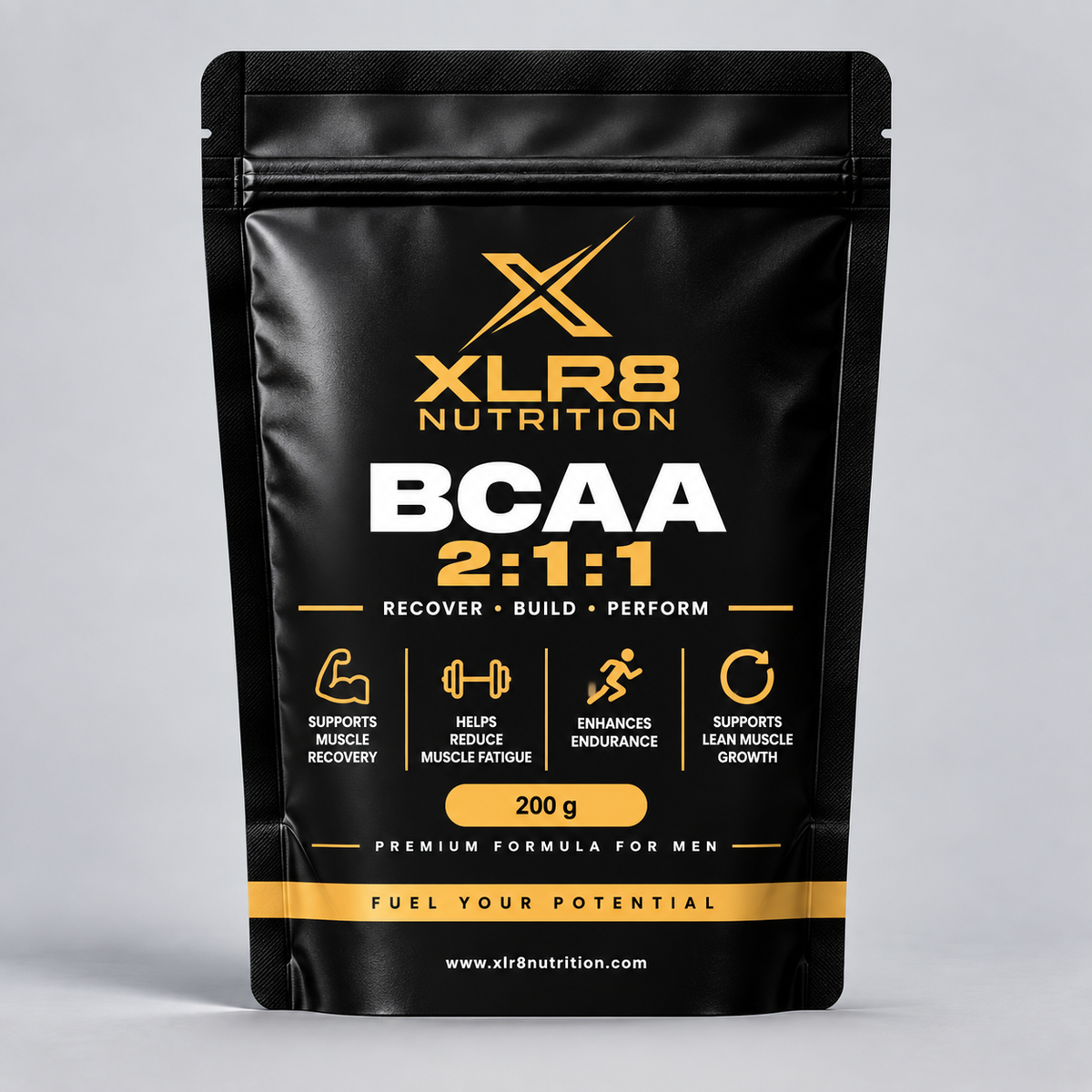 A black stand-up pouch of XLR8 Nutrition BCAA 2:1:1 supplement, featuring gold and white text and icons on a light gray background.