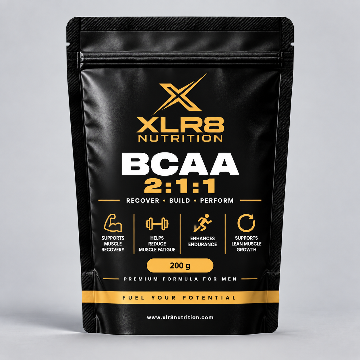 A black stand-up pouch of XLR8 Nutrition BCAA 2:1:1 supplement, featuring gold and white text and icons on a light gray background.
