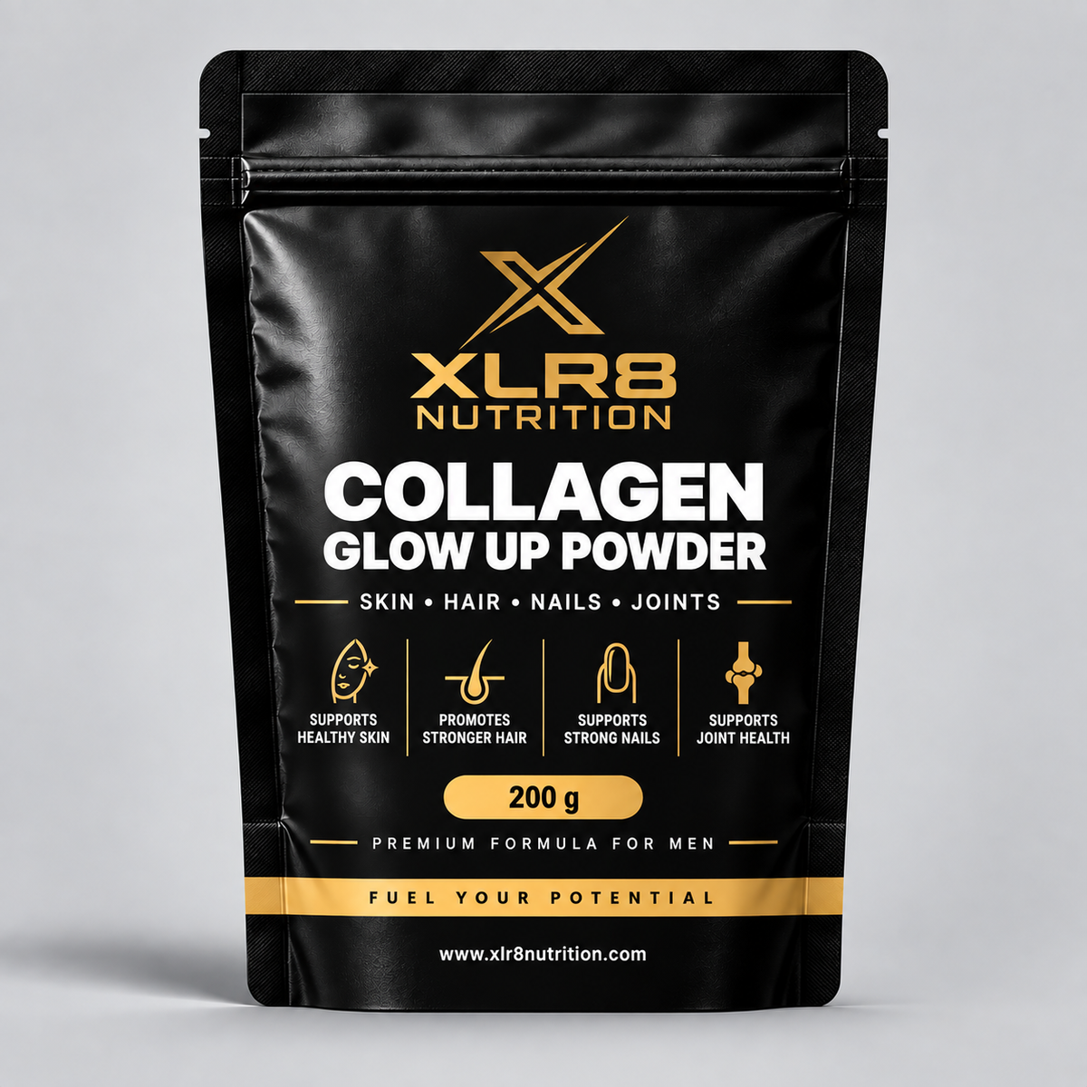 A black stand-up pouch of XLR8 Nutrition Collagen Glow Up Powder, 200g, on a light gray background. The packaging features gold and white text and icons highlighting benefits for skin, hair, nails, and joints.