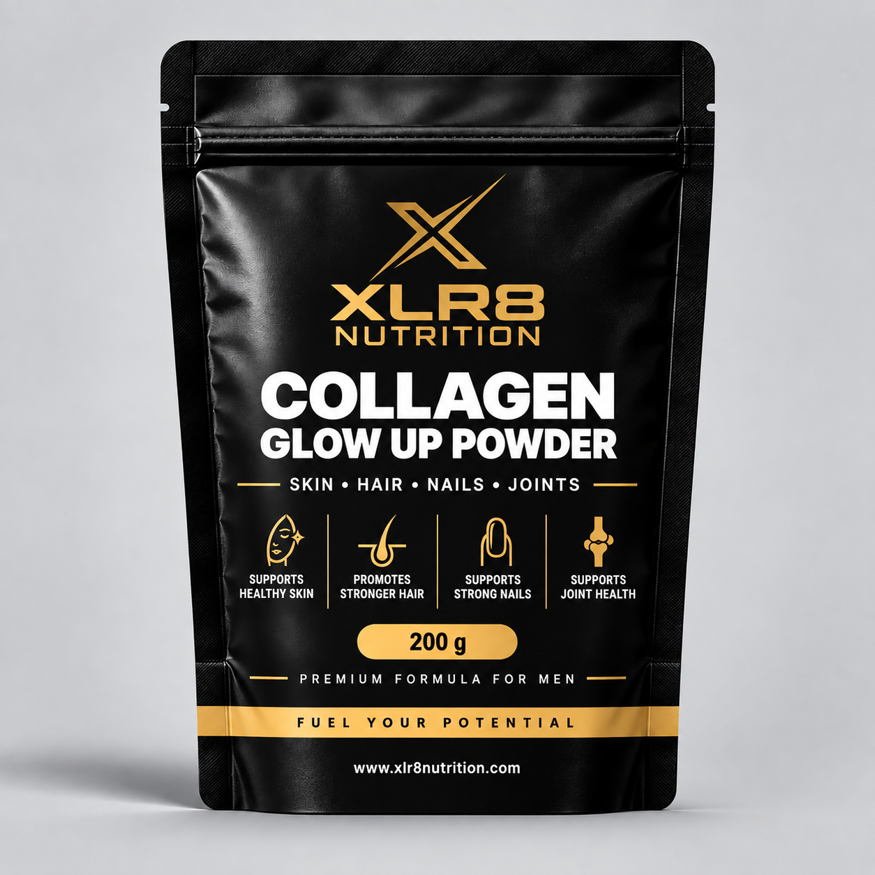 A black stand-up pouch of XLR8 Nutrition Collagen Glow Up Powder, 200g, on a light gray background. The packaging features gold and white text and icons highlighting benefits for skin, hair, nails, and joints.