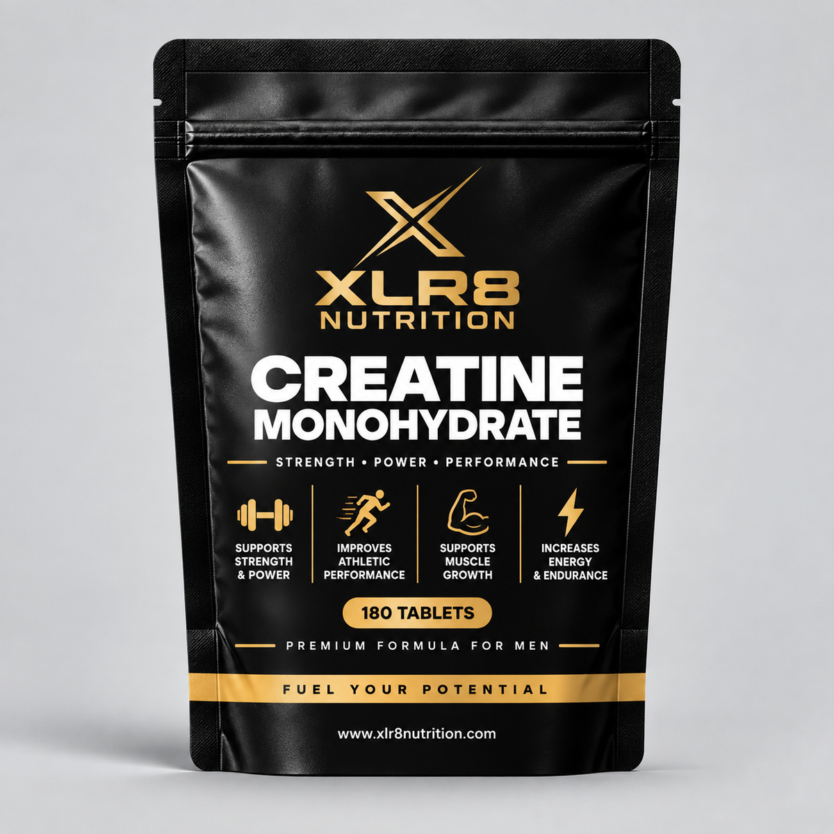 A black stand-up pouch of XLR8 Nutrition Creatine Monohydrate, 180 tablets, shown on a neutral light gray background.