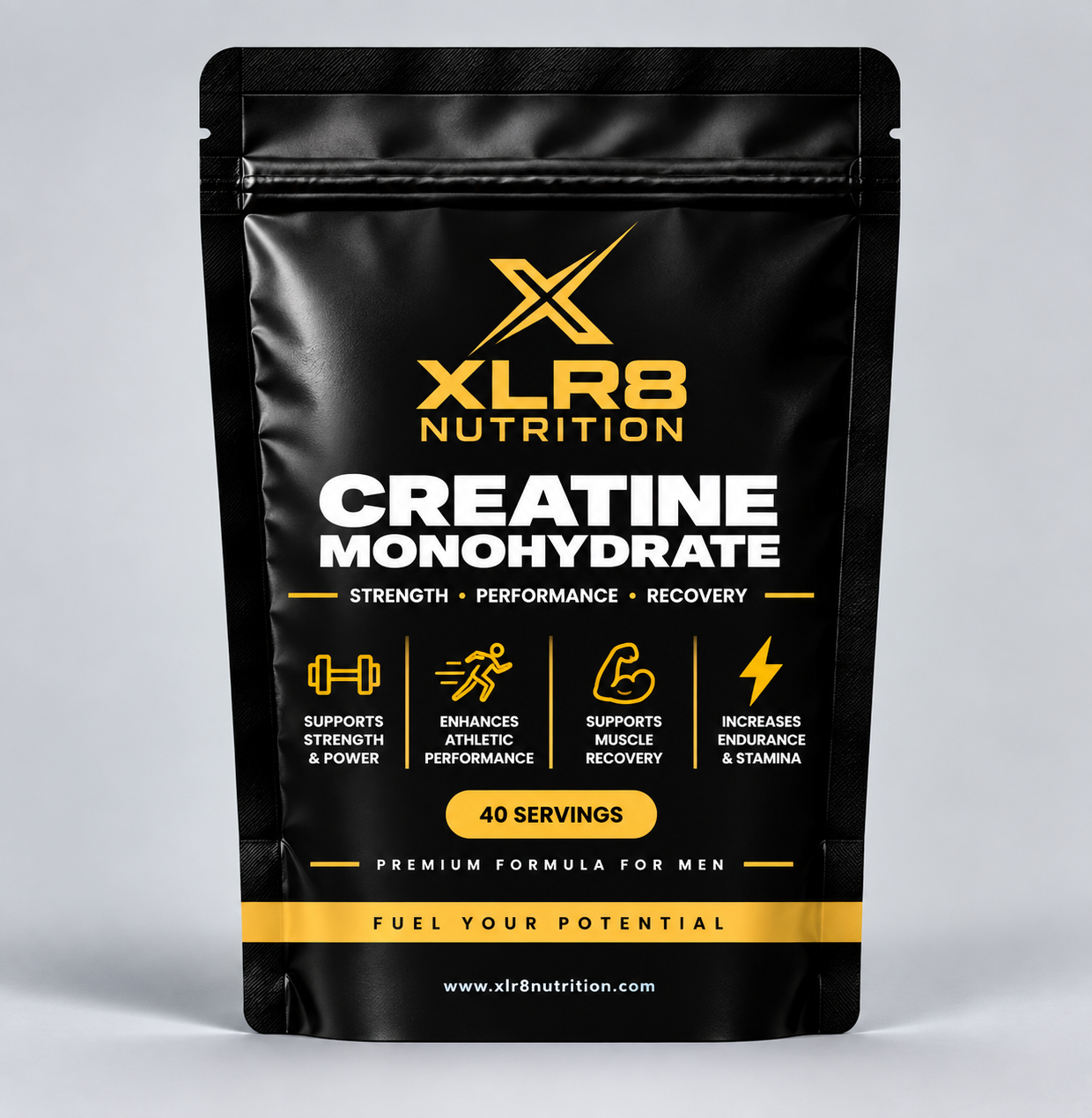 A black stand-up pouch of XLR8 Nutrition Creatine Monohydrate, featuring gold and white text and icons on a light gray studio background.