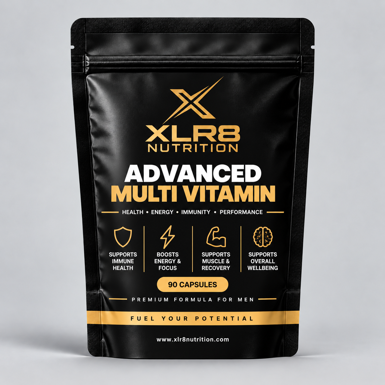 A black stand-up pouch of XLR8 Nutrition Advanced Multi Vitamin with gold and white text, shown on a light gray background.
