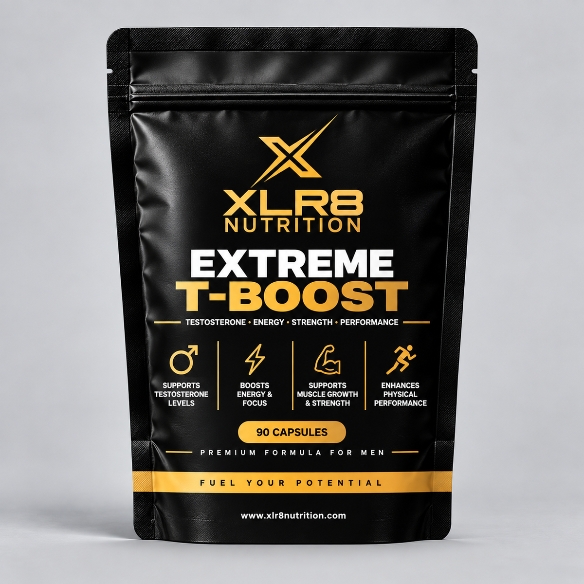 A black stand-up pouch of XLR8 Nutrition Extreme T-Boost supplement, featuring gold and white text and icons on a light gray studio background.
