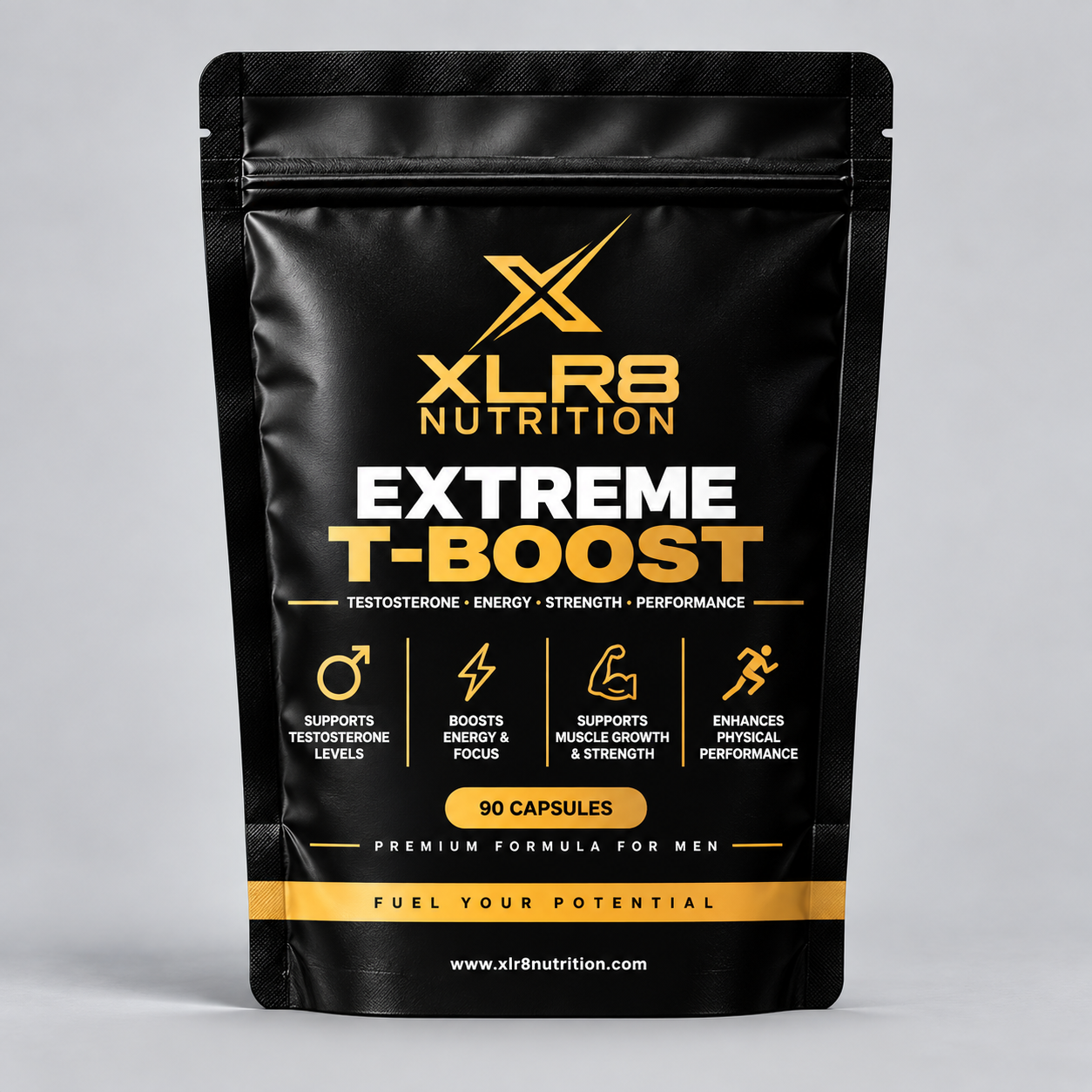 A black stand-up pouch of XLR8 Nutrition Extreme T-Boost supplement, featuring gold and white text and icons on a light gray studio background.