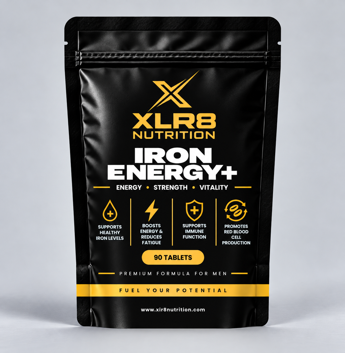 A black stand-up pouch of XLR8 Nutrition Iron Energy+ tablets, featuring gold and white text and graphics on a light gray background.
