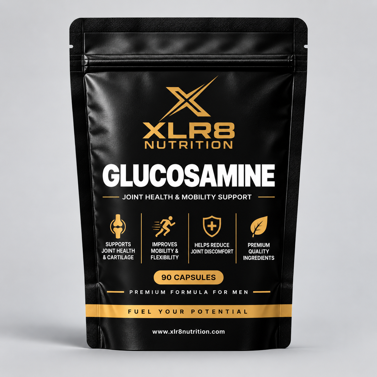 A black stand-up pouch of XLR8 Nutrition Glucosamine supplement, featuring gold and white text and icons on a light gray background.