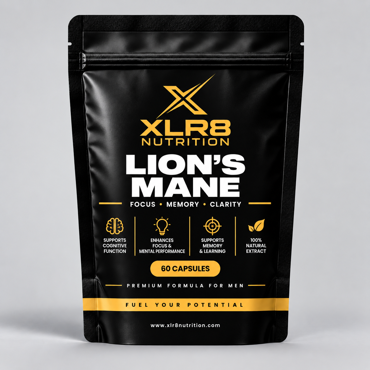 A black stand-up pouch of XLR8 Nutrition Lion's Mane supplement capsules, featuring gold and white text on a light gray background.