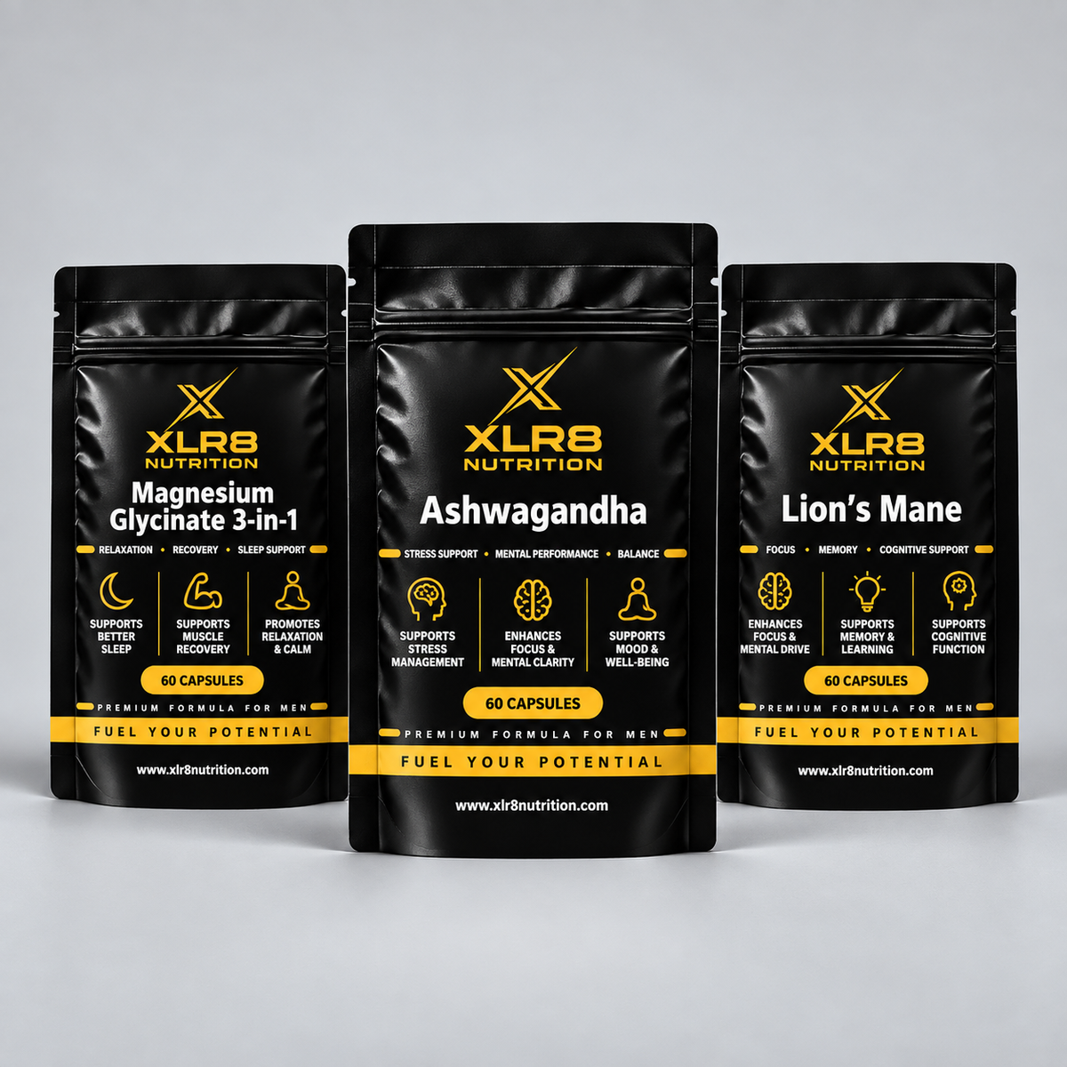 Three black supplement pouches from XLR8 Nutrition arranged side by side on a light gray background. The center pouch is labeled Ashwagandha, with the left and right pouches labeled Magnesium Glycinate and Lion's Mane respectively.
