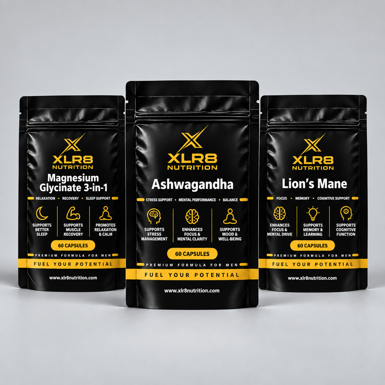 Three black supplement pouches from XLR8 Nutrition arranged side by side on a light gray background. The center pouch is labeled Ashwagandha, with the left and right pouches labeled Magnesium Glycinate and Lion's Mane respectively.