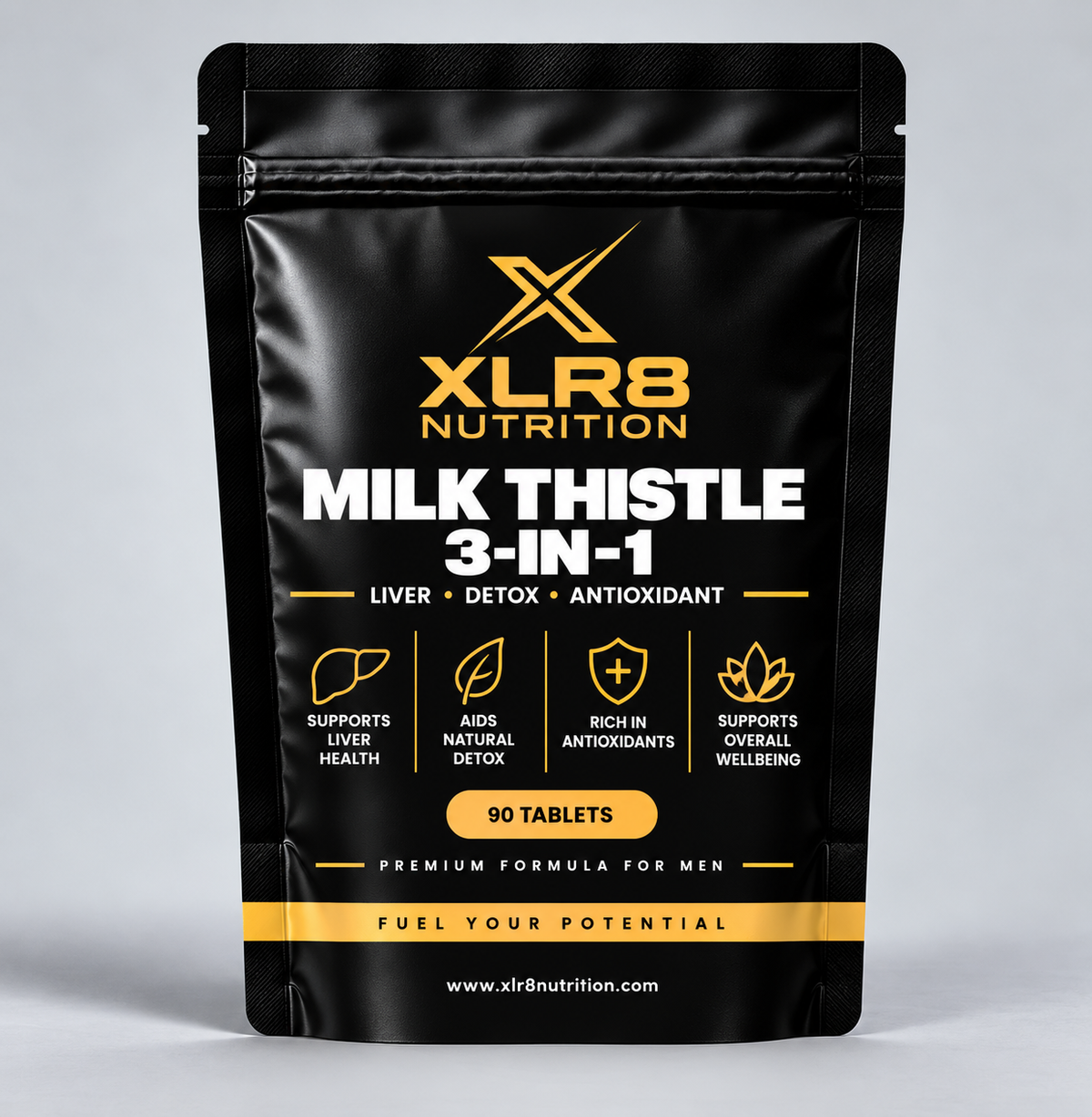 A black stand-up pouch of XLR8 Nutrition Milk Thistle 3-in-1 tablets, featuring gold and white text and icons on a light gray studio background.