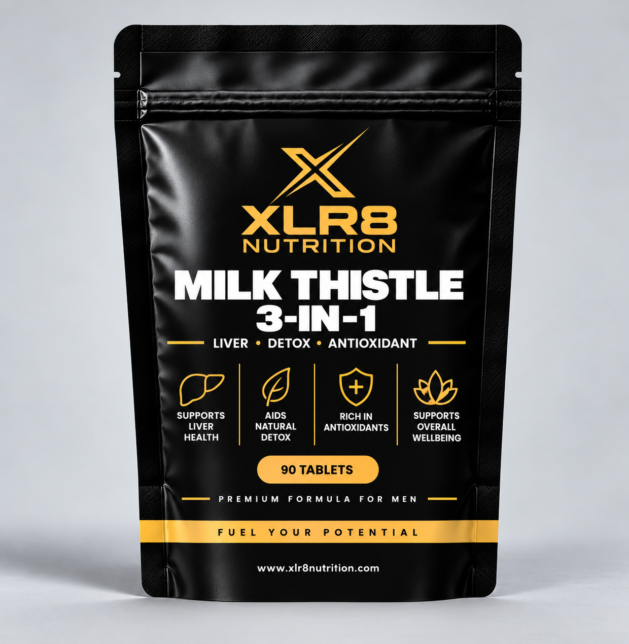 A black stand-up pouch of XLR8 Nutrition Milk Thistle 3-in-1 tablets, featuring gold and white text and icons on a light gray studio background.