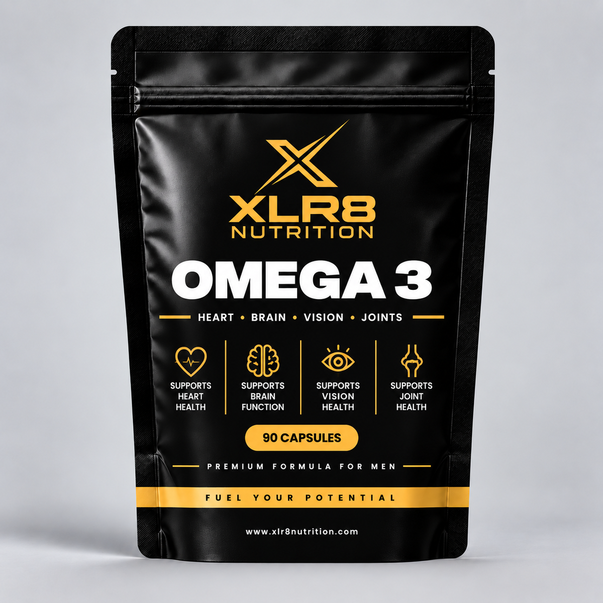 A black stand-up pouch of XLR8 Nutrition Omega 3 dietary supplement capsules, featuring gold and white text and icons on a light gray background.