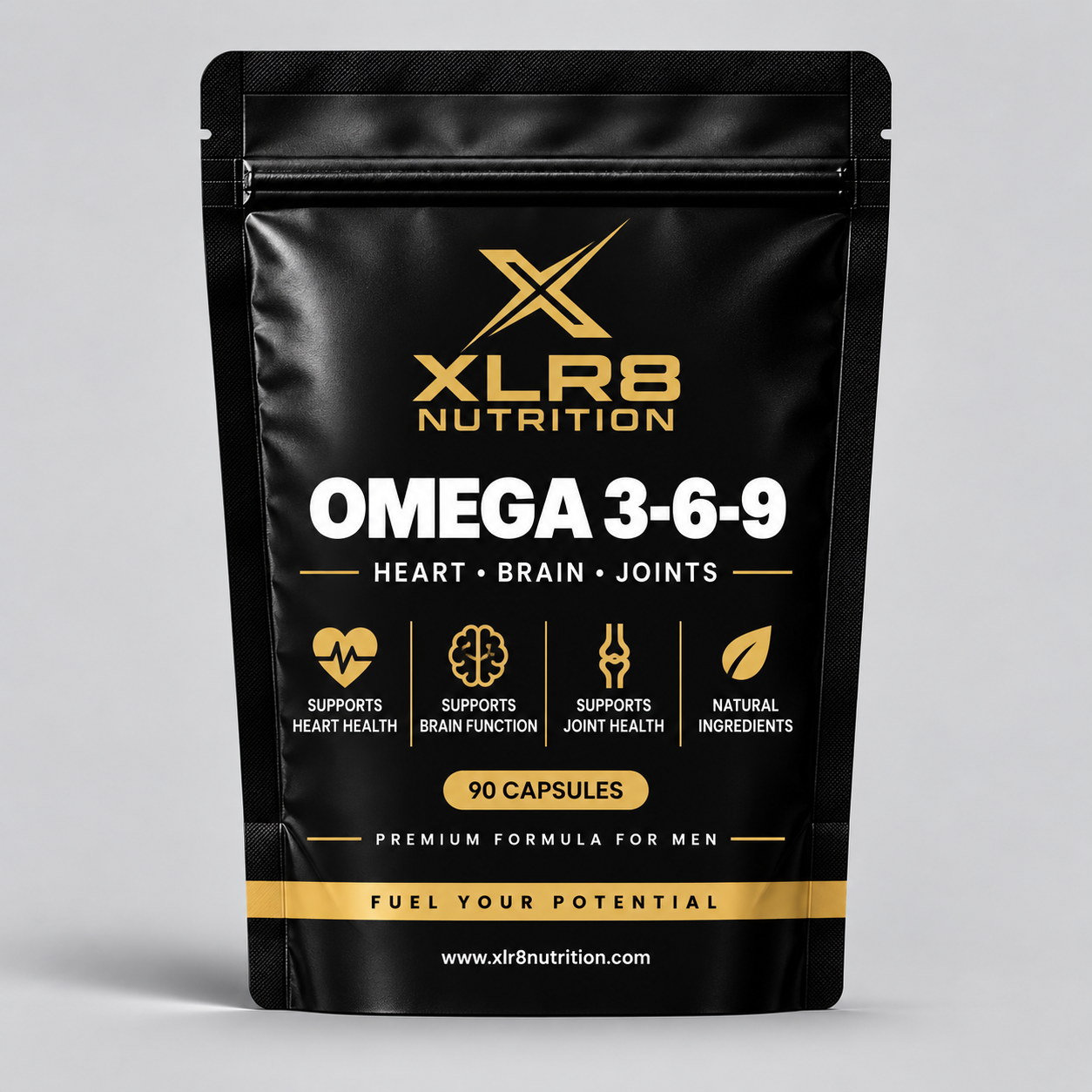 A black stand-up pouch of XLR8 Nutrition Omega 3-6-9 capsules, featuring gold and white text and icons on a light gray background.