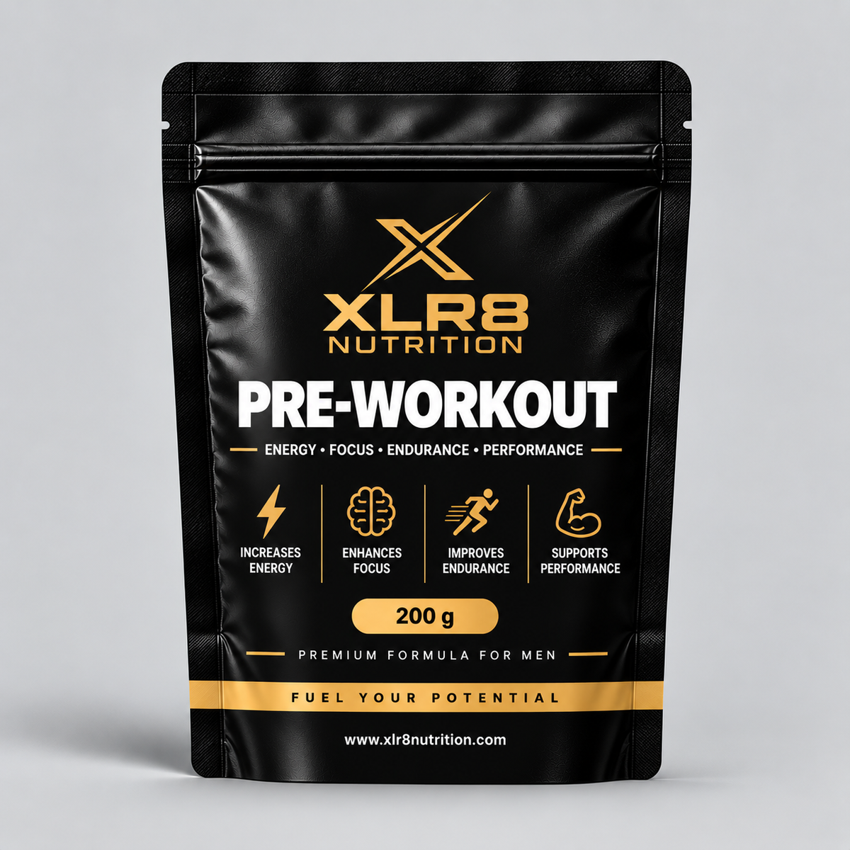A black stand-up pouch of XLR8 Nutrition Pre-Workout supplement, featuring gold and white text and icons on a light gray studio background.