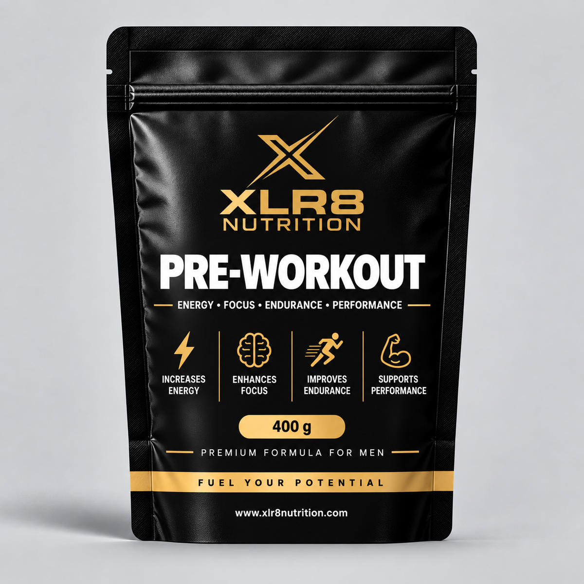 A black stand-up pouch of XLR8 Nutrition Pre-Workout supplement, featuring gold and white text and icons on a light gray background.