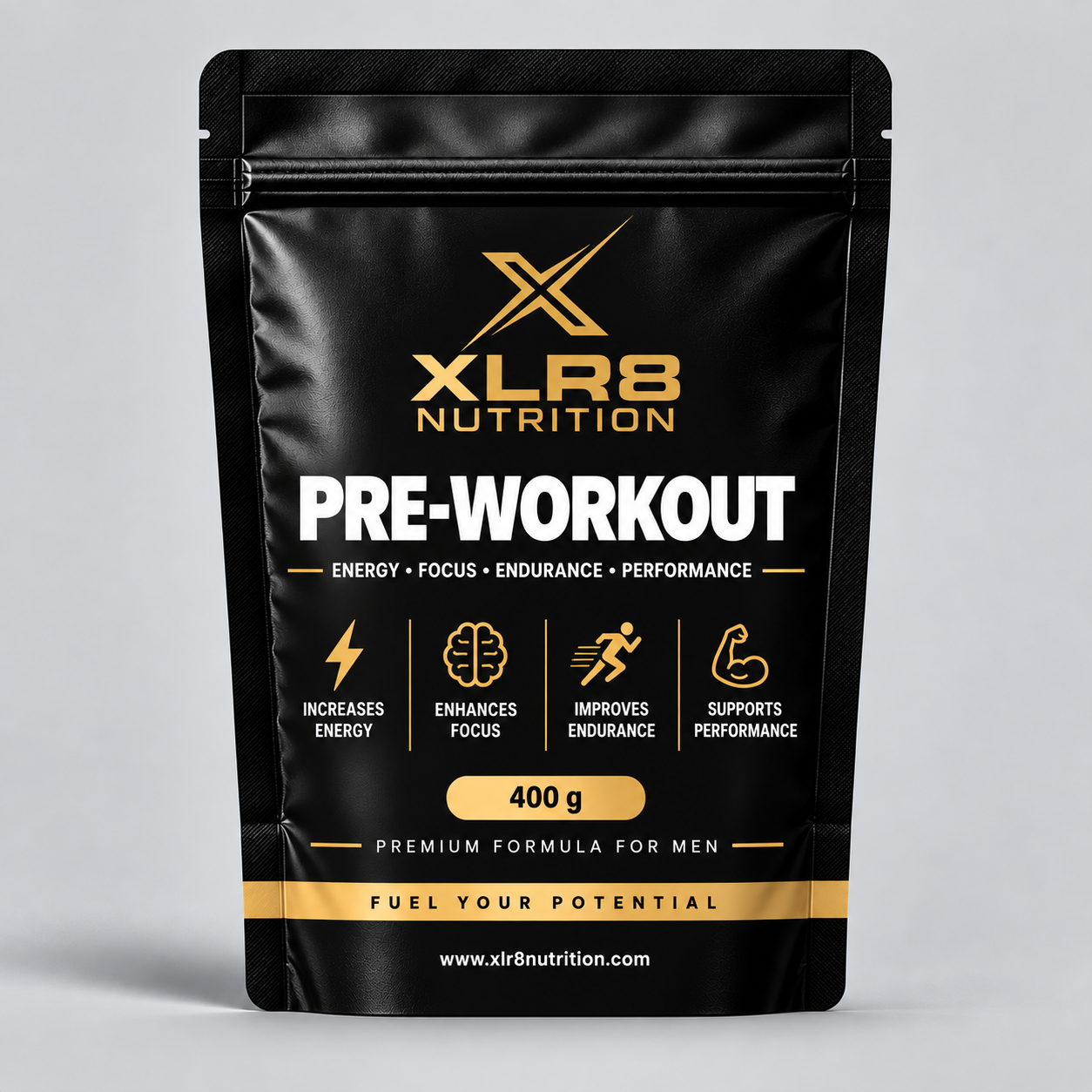 A black stand-up pouch of XLR8 Nutrition Pre-Workout supplement, featuring gold and white text and icons on a light gray background.