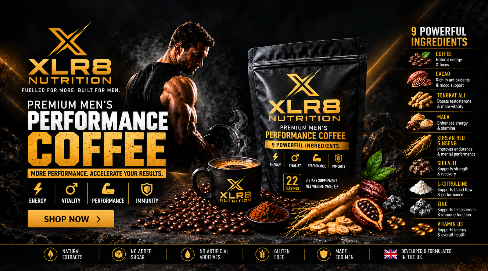 XLR8 Nutrition Premium Men's Performance Coffee in a black resealable pouch, displayed alongside a cup of coffee, coffee beans, and various ingredients on a dark, high-contrast promotional background with a muscular man.