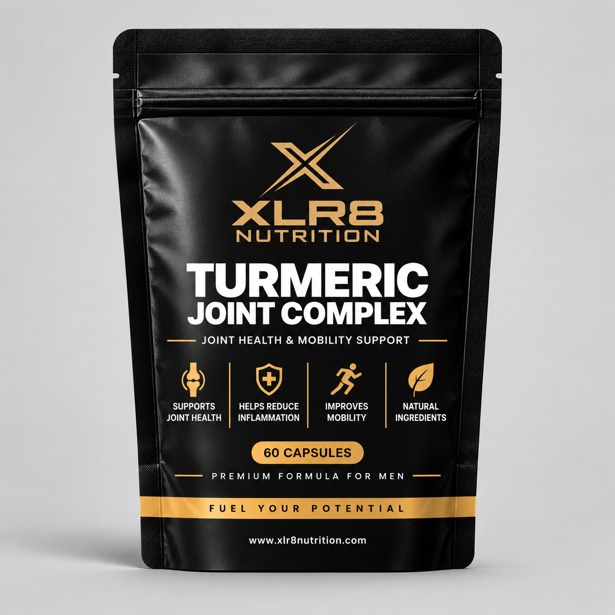 A black stand-up pouch of XLR8 Nutrition Turmeric Joint Complex, featuring gold and white text and graphics on a light gray background.
