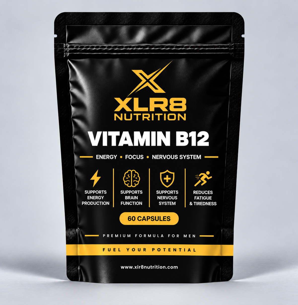 A black stand-up pouch of XLR8 Nutrition Vitamin B12 capsules, featuring a glossy black finish with gold and white text and graphics, set against a light gray background.