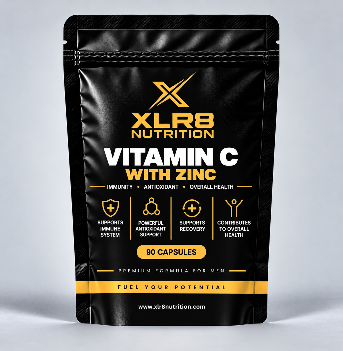 A black stand-up pouch of XLR8 Nutrition Vitamin C with Zinc, featuring gold and white text and icons on a light gray studio background.