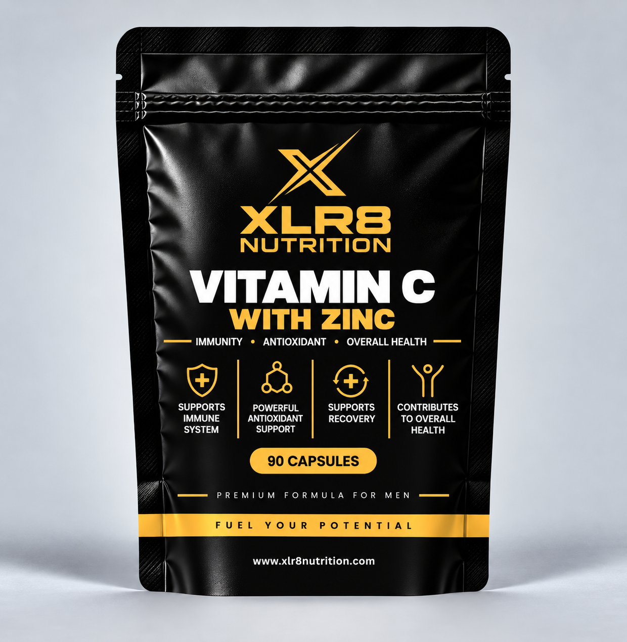 A black stand-up pouch of XLR8 Nutrition Vitamin C with Zinc, featuring gold and white text and icons on a light gray studio background.
