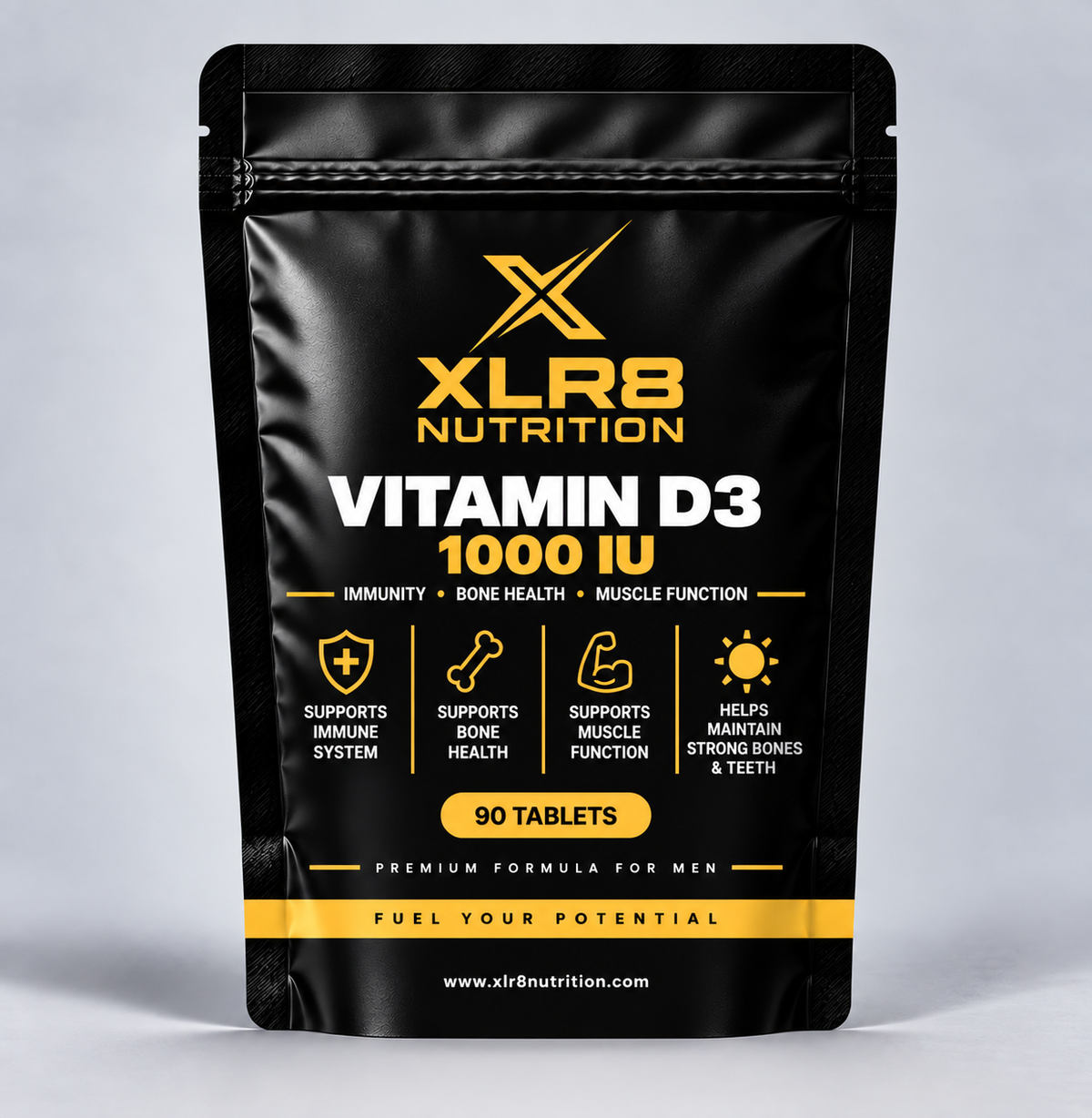 A black stand-up pouch of XLRB Nutrition Vitamin D3 1000 IU tablets, featuring gold and white text and icons on a light gray background.