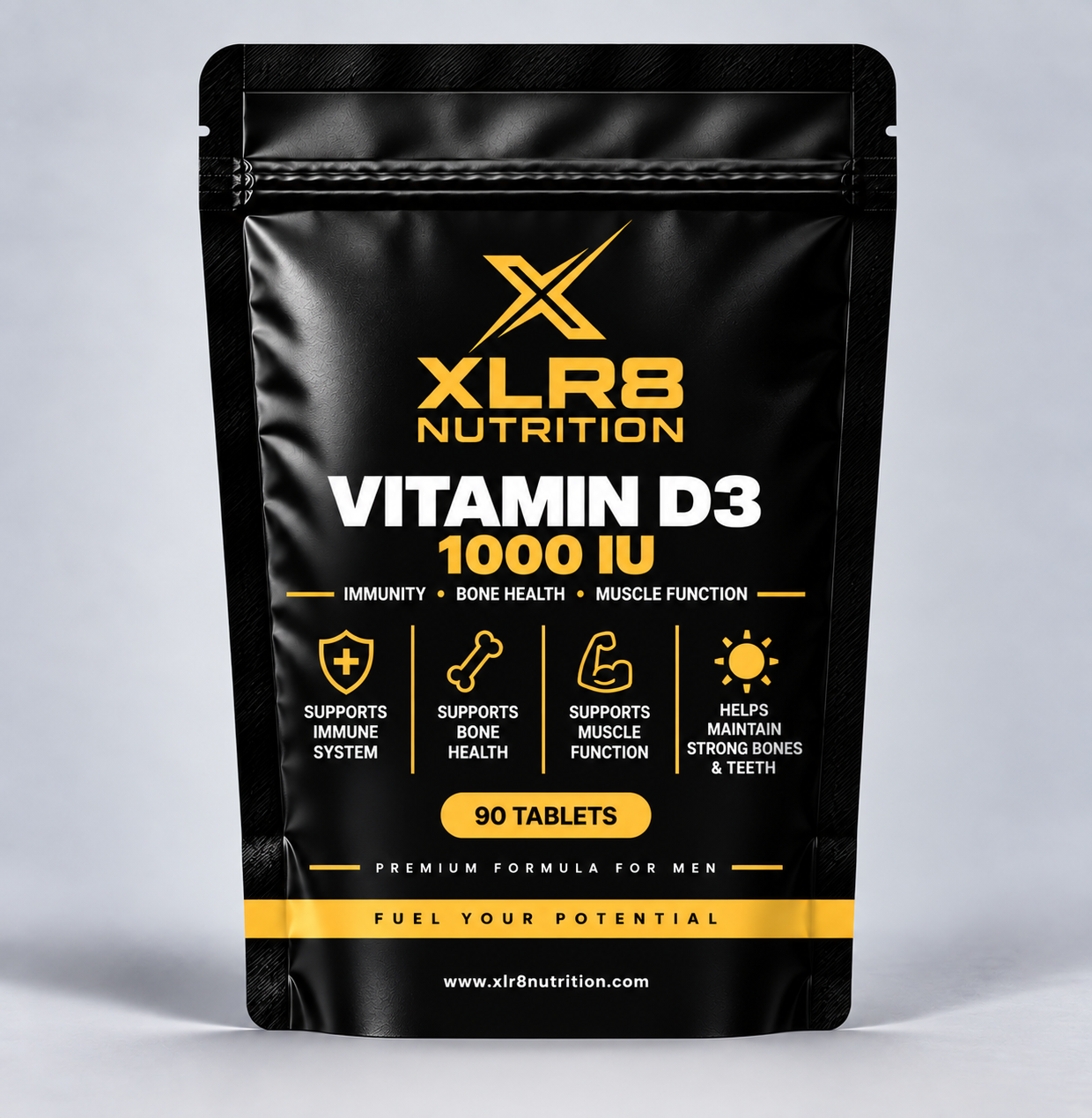 A black stand-up pouch of XLRB Nutrition Vitamin D3 1000 IU tablets, featuring gold and white text and icons on a light gray background.