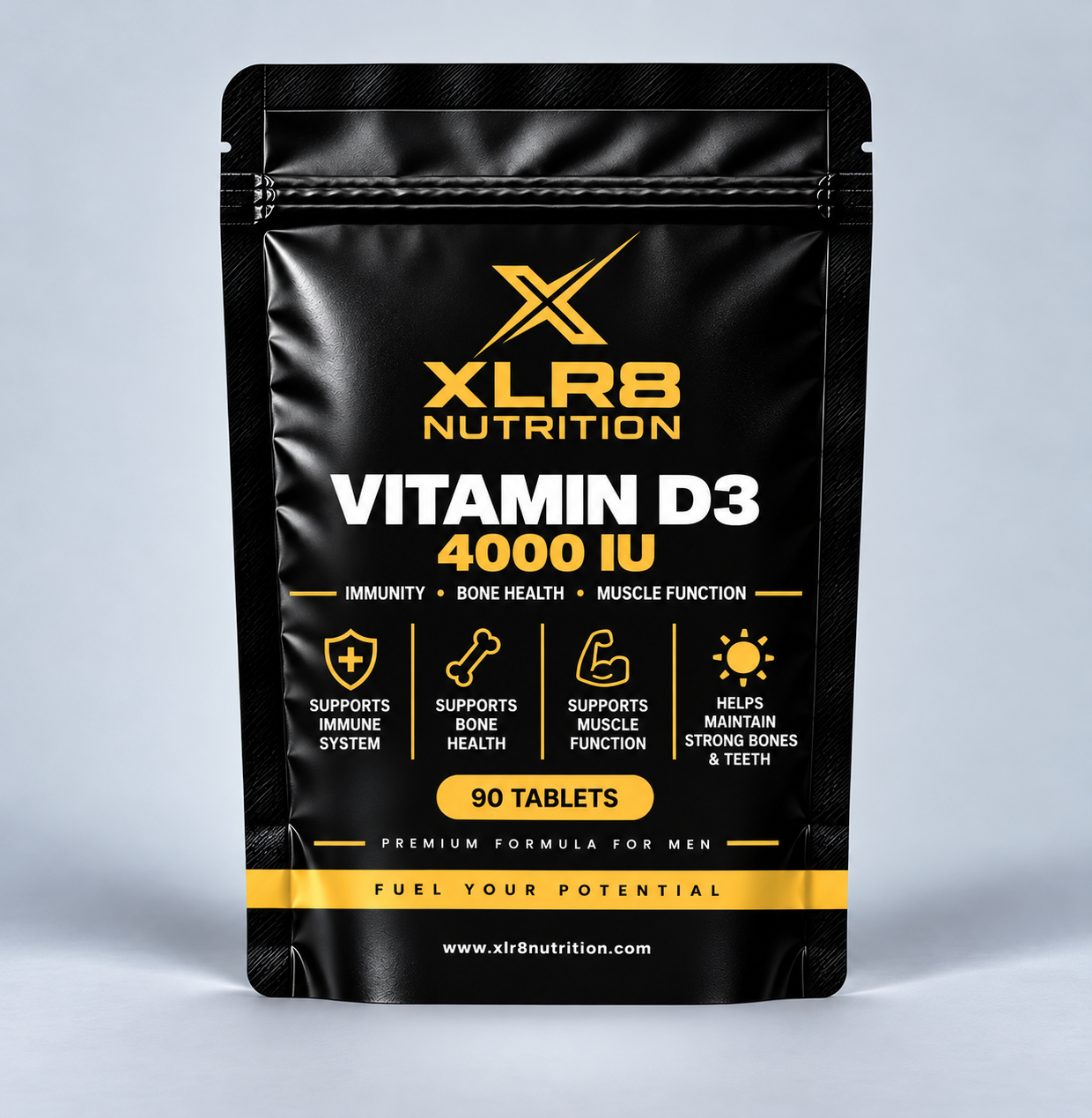 A black stand-up pouch of XLR8 Nutrition Vitamin D3 4000 IU tablets, featuring gold and white text and icons on a light gray studio background.