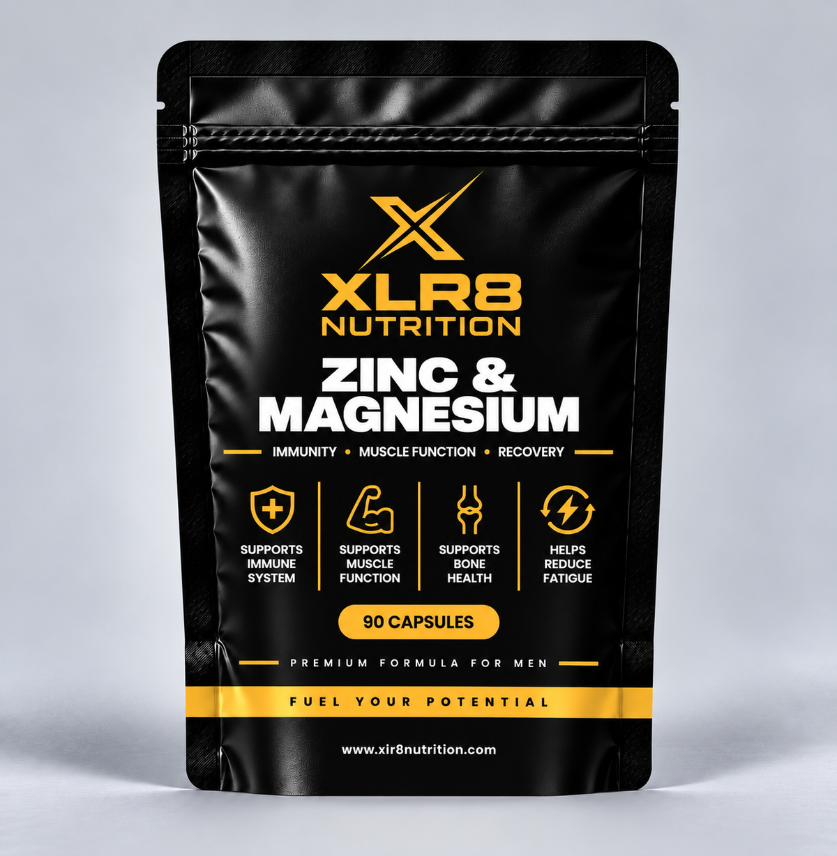 A black stand-up pouch of XLR8 Nutrition Zinc &amp; Magnesium supplement, featuring gold and white text and icons on a light gray studio background.