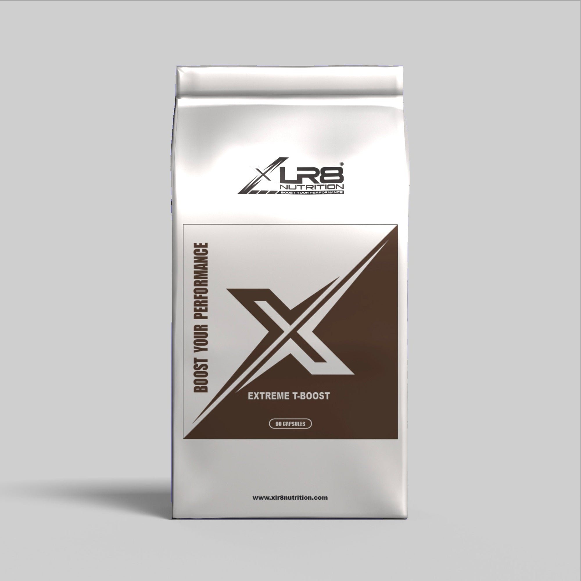 XLR8 Nutrition Extreme T-Boost capsules to support testosterone levels, energy, vitality, and male performance on gray background
