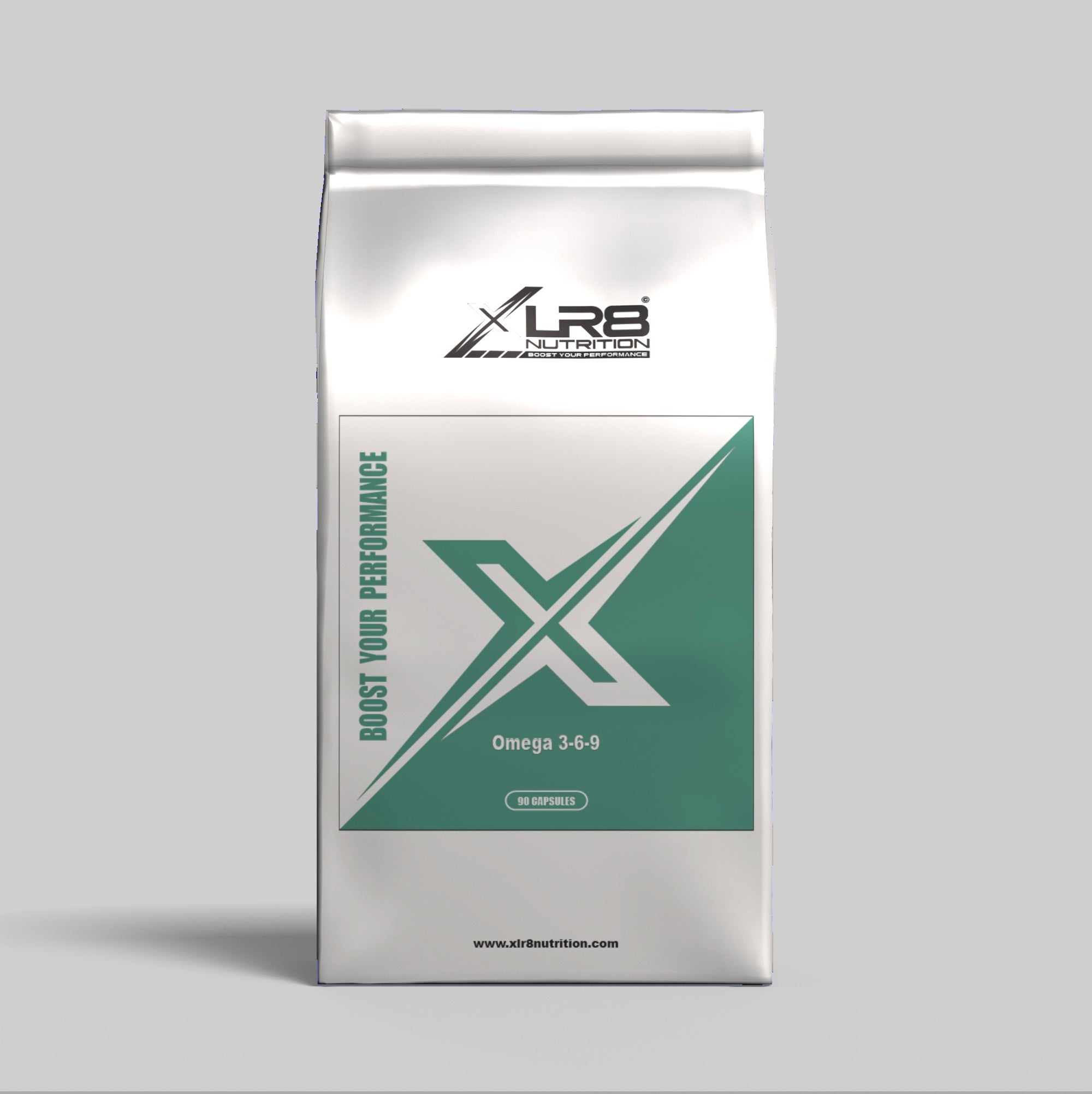 XLR8 Nutrition Omega 3-6-9 capsules to support heart, brain, and overall wellness on gray background
